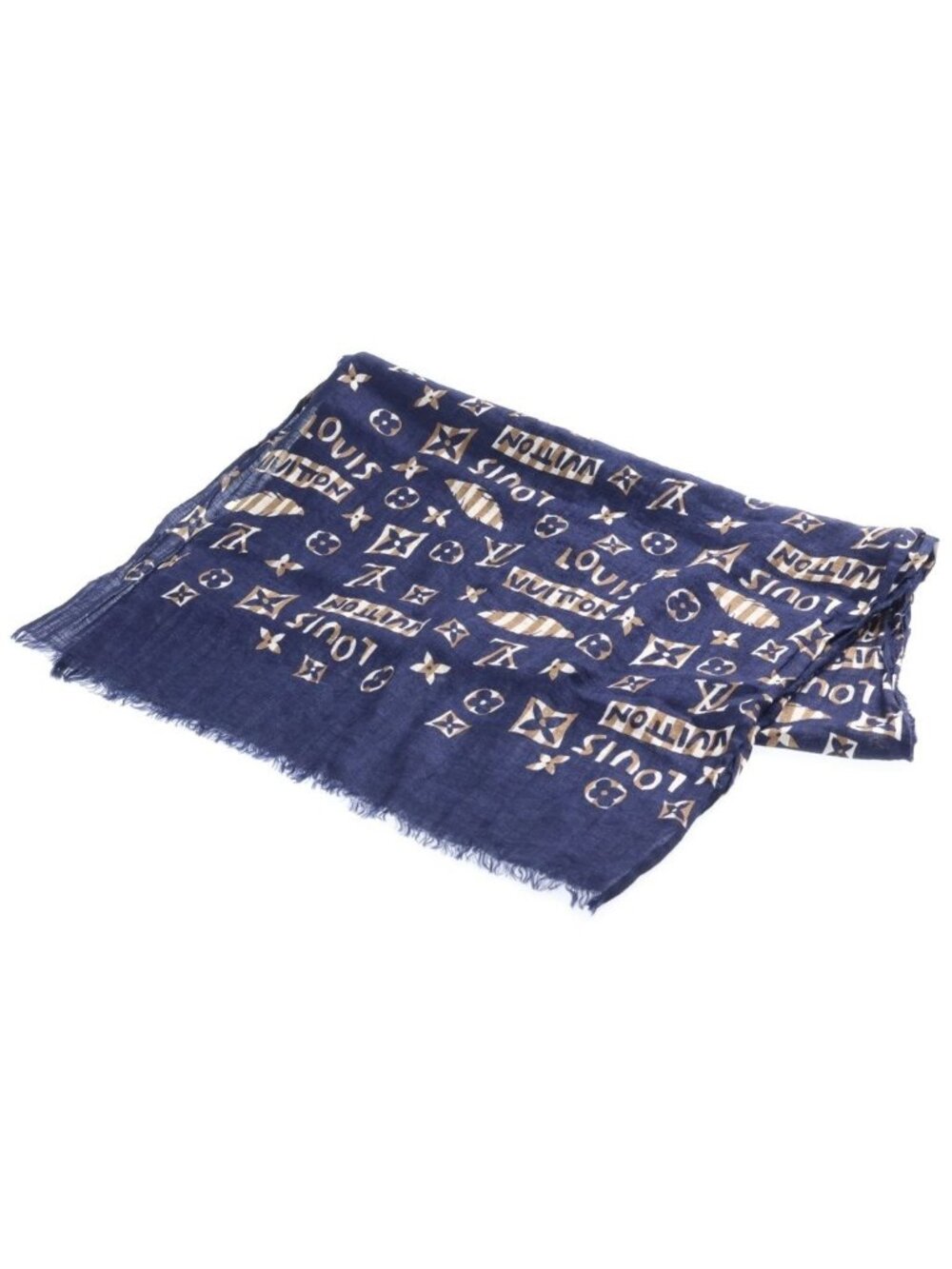 Louis Vuitton Monogram Linen Silk Large Shawl Navy Scarf